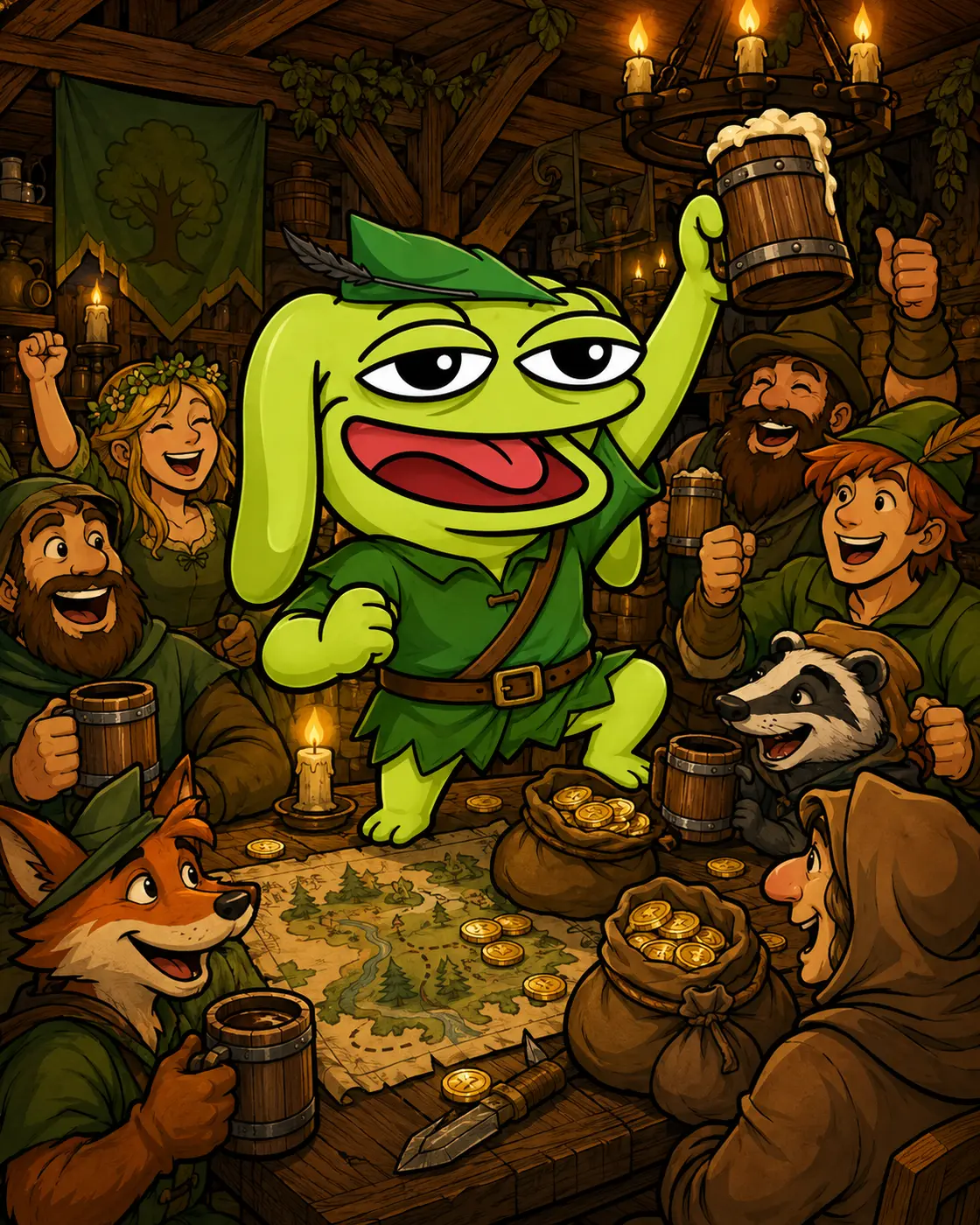 Randy celebrating with his merry community in a forest tavern